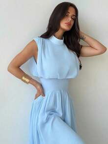 elegante de cuello alto y cintura ceñida con silueta evasé para mujer, vestido de verano, ropa de primavera/verano, atuendo de playa, para ir al trabajo, elegante, sexy, vacaciones, playa, bohemio, Hawái, festival de música, romántico, cit - Azul - Ver 6