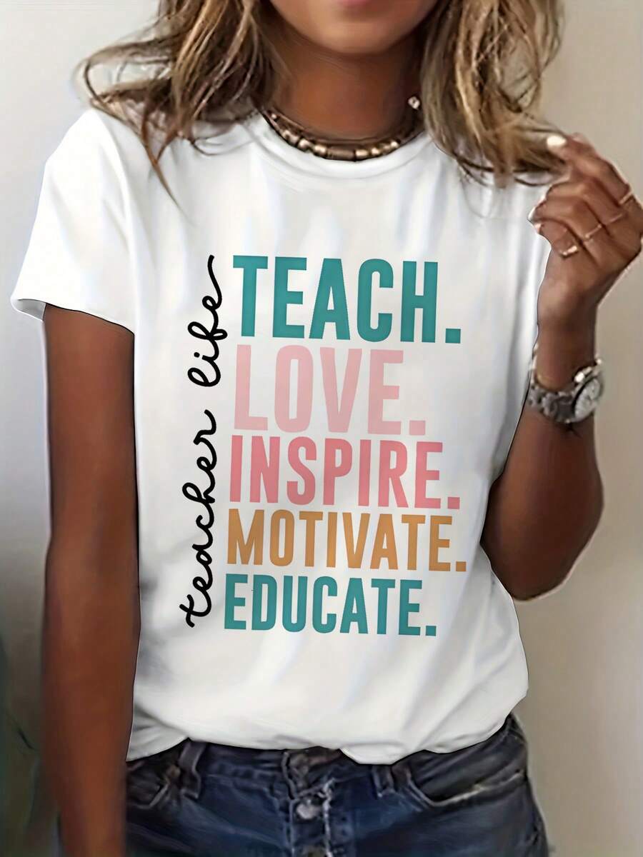 Designed For Comfortable, Stylish, And Modern Teacher Appreciation T-Shirt - Educational And Motivational Motifs Inspired By Love - White With A Hint Of Cyan - Lightweight Crew Neck Top, Suitable For Educators - Casual Spring And Summer Shirt - Gift Ideas For Teachers, Inspirational Clothing, Comfortable Fit T-Shirts, Employee Apparel, Geometric Patterns, Breathable Materials, Educator Clothing, Employee-Made Items. Premium Soft Breathable Fabric Designed For All-Day Comfort And Versatility. Everyday Wear, Perfect For Casual Outings. - 白色 - 查看 1