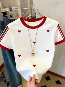 Camiseta de mujer de talla grande con estampado minimalista de corazón negro, perfecta para el Día de San Valentín, el transporte diario, regalos festivos, moda, camisetas elegantes, camisetas hermosas, regalos para hermanos, regalos para hermanas, regalos para madres, regalos del Día de la Madre, tops casuales pero elegantes - Blanco 3 - Ver 3