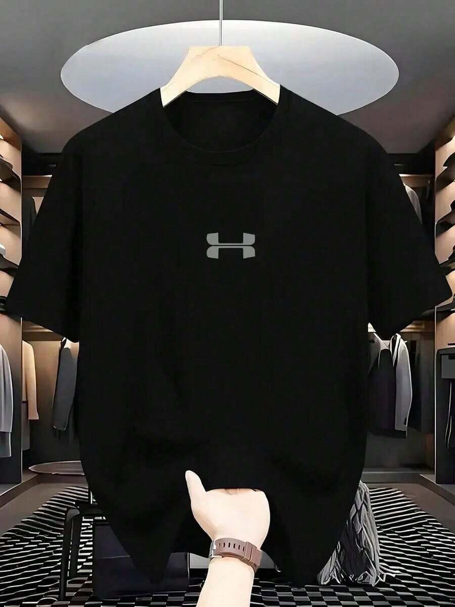 Men's Crew Neck Cropped T-Shirt, Loose-Fitting And Versatile With A Fun Print Design That Brings Joy. Ideal For Vacations, Travel, And Recreational Activities. Soft, High-Quality Fabric Offers Maximum Comfort. - 黑色 - 查看 1