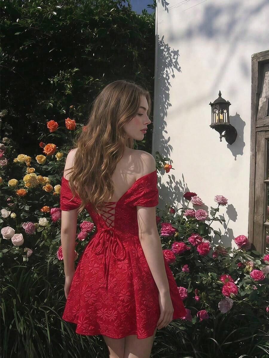 MOD Vestido romántico de hombros descubiertos color vino tinto, adecuado para citas, San Valentín, vacaciones - Rojo cereza - Ver 1