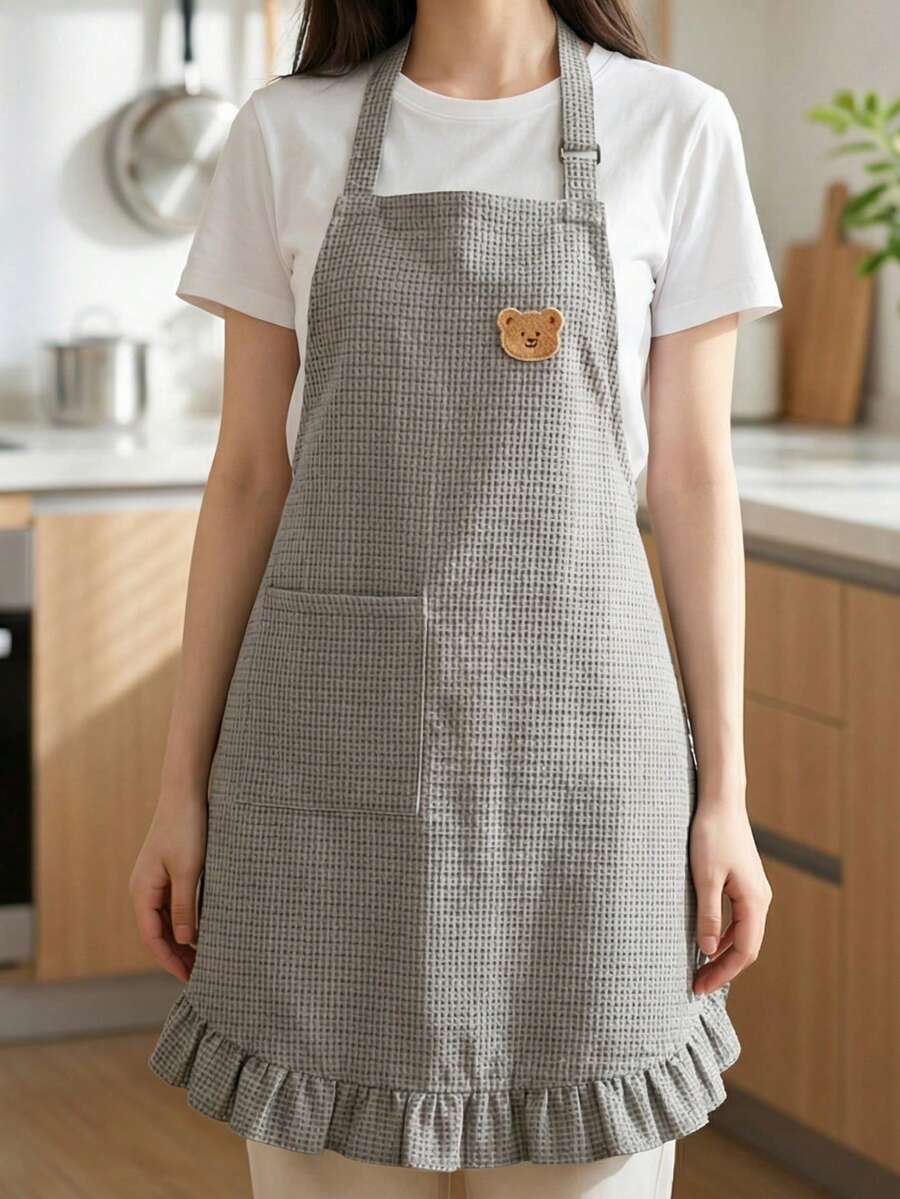 1pc New Ruffled Plaid Bear Pocket Sleeveless Halter Apron, Fashion With Built-In Pocket, Suitable For Cafe, Bakery, Catering, Kitchen, Housework, Baking, Cooking, Gardening, Painting, Fishing, Unisex - Multicolor - View 1