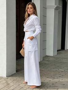 2026 Spring New Women's Wide-Leg Pants Set Solid Color Loose Pocket Fashion Casual Set - White - View 8