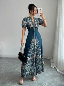 Elenzya Vestido elegante de línea A con estampado digital de retazos, cuello en V profundo y cintura ceñida, color albaricoque, adecuado para cenas formales, citas y bodas de mujeres (con flor en posición) - Multicolor - Ver 3
