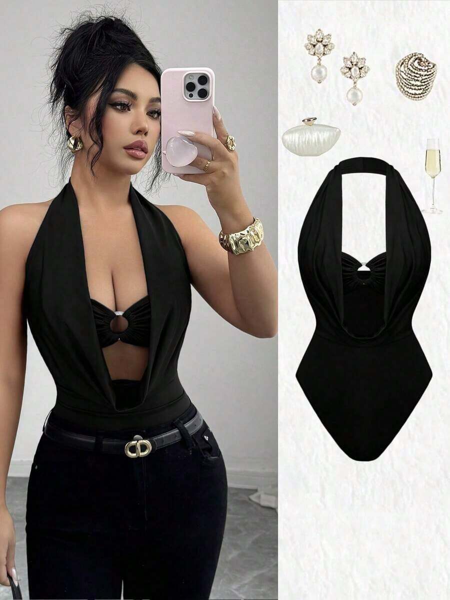 Body de mujer de unicolor con cuello drapeado y recortes huecos - Negro - Ver 1