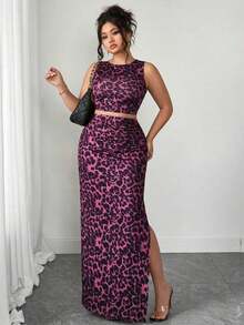 Conjunto de dos piezas de top de tirantes y falda con estampado de leopardo talla grande, sexy pero apropiado para el uso diario y el transporte - Rosa Fucsia - Ver 3