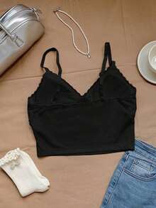 Camisilla sin mangas casual de verano para mujer con parches de encaje en unicolor - Negro - Ver 3