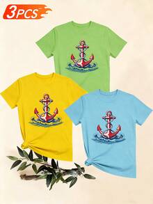 Women's T-Shirts, Women's T-Shirts, Casual One-Piece T-Shirt With Anchor And Wave Print, Round Neck, Short Sleeve, Comfortable Top, Versatile Summer Sweater. - 1件黑色隨機圖案 - 查看 6