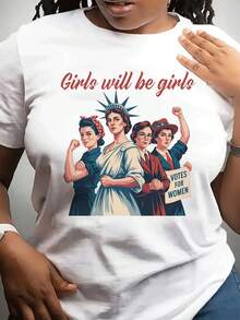 Plus Size - Plus Size  T-Shirt For Women - Vintage Graphic Suffrage T-Shirt - White Shirt With Statue Of Liberty Design - "S Will Be S" -  Slogan - Plus Size Women's Clothing - Machine Washable Activist Casual Wear, Retro Print T-Shirt - 白色 - 查看 1