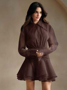 Vestido de camisa holgado con dobladillo de volantes, cintura ceñida y vestido esponjoso de organza, estilo europeo y americano, para mujer - Marrón - Ver 3