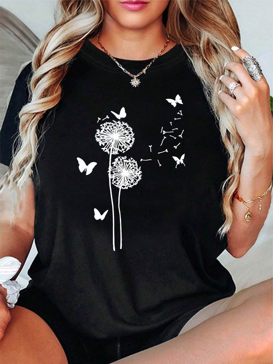Talla Grande - Talla Grande - Camiseta de Mujer Talla Grande con Diseño de Diente de León y Estampado Floral y Semillas de Diente de León, Tejido Suave y Elástico, Top Casual de Verano con Cuello Redondo, Conjuntos de Primavera para Mujer (no transparente), Moda de Primavera, Material Transpirable