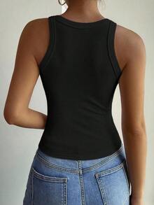 Camiseta de tirantes elegante de unicolor y ajuste ceñido, adecuada para otoño e invierno - Negro - Ver 2