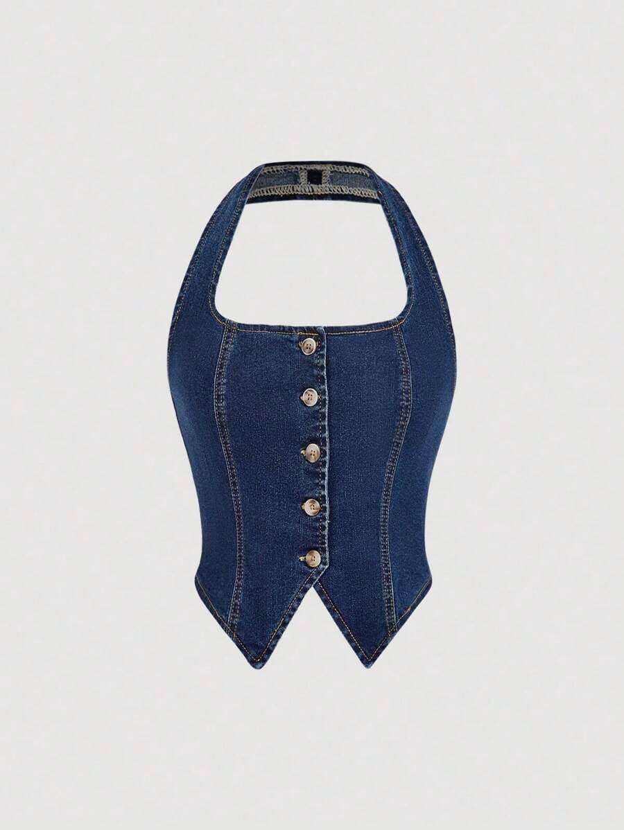 Blusa vaquera de mujer de cuello halter versátil y de un solo botonadura - Azul lavado oscuro - Ver 1
