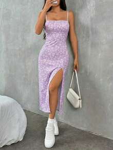 Nuevo vestido de punto con estampado de primavera/verano, tirantes de espagueti y abertura lateral para mujer.Vestido de verano sexy para vacaciones, vestido lavanda, conjunto de dos piezas lavanda, vestido floral lavanda, vestido floral mor - Lila Púrpura - Ver 7