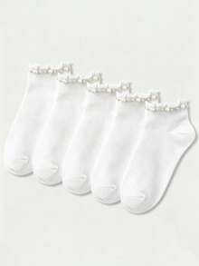 1/3/6/8/10 /12Pairs Women's Pearl-Embellished Ruffle Ankle Socks, Solid Color Casual No-Show Socks - Black and White - View 4