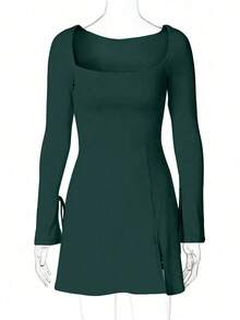 Vestido Bodycon De Manga Larga En Color Sólido Con Abertura En El Dobladillo - Verde Oscuro - Ver 3