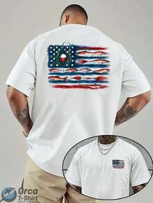 American Flag And Fish Print Short-Sleeve T-Shirt Featuring A Design That Combines The American Flag With Fishing Elements. Suitable For Outdoor Fishing Enthusiasts To Wear In The Summer. Ideal As A Father's Day Gift Or A Special Present For Fishing Lovers. Summer Outfits For Women,Vacation Outfits Women,4th Of July Outfit Women - 白色 - 查看 12