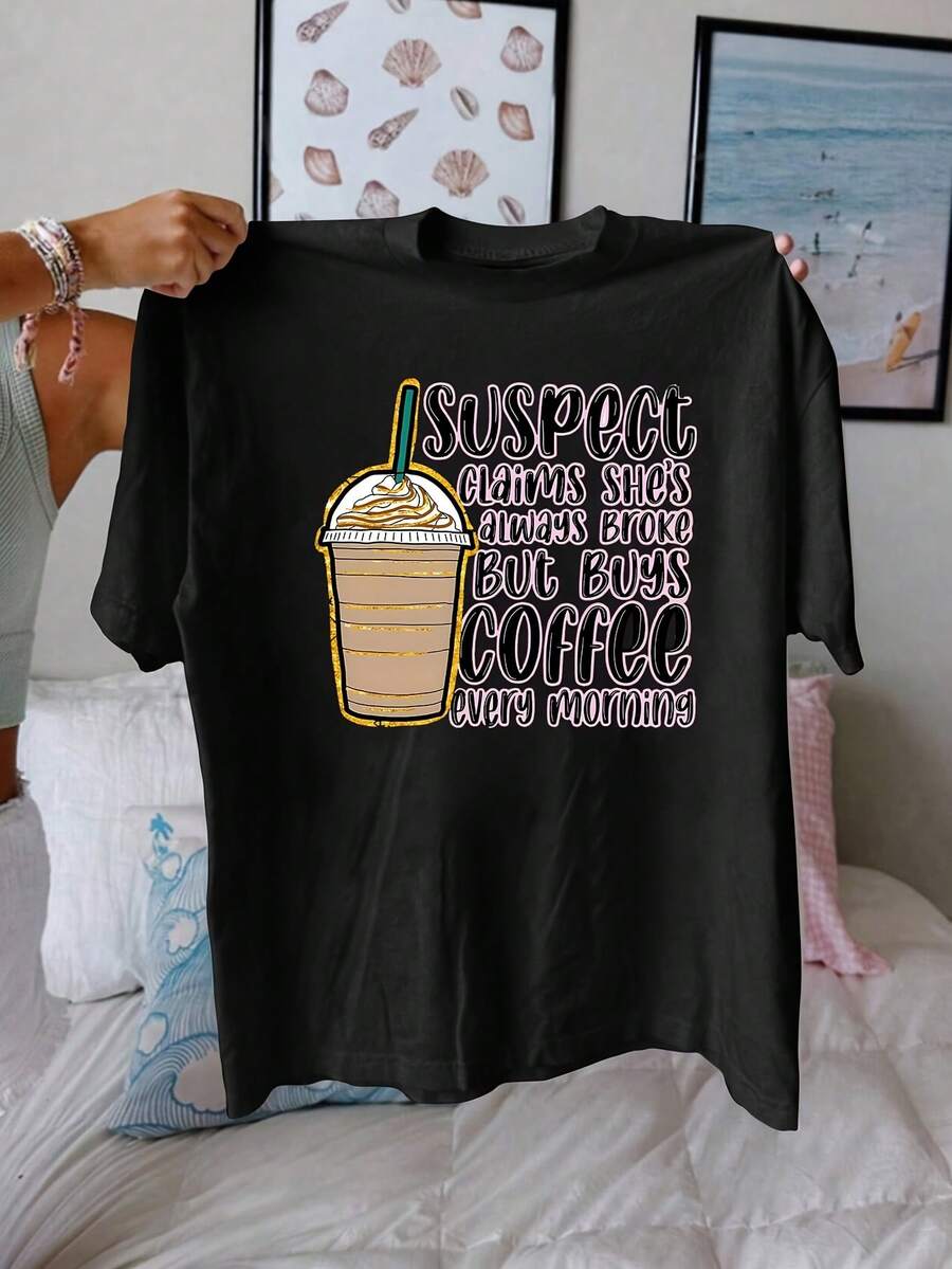 Short-Sleeved T-Shirt For Coffee Lovers – Featuring The Slogan "Always Have Money For Coffee" And A Coffee Cup Design, Short Sleeves, Round Neck, Casual Summer Style, A Must-Have Outfit For Coffee Lovers. - 黑色 - 查看 1