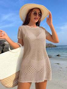 Conjunto de ropa de verano para mujer - Cubierta de playa de unicolor con cortes huecos, estilo de vacaciones de verano - Rosa vieja - Ver 3