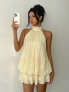 Vestido mini elegante de mujer con estampado de lunares y escote halter sin espalda - Amarillo 2 - Ver 4