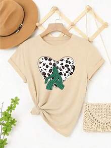 Women's Casual Heart Print Short Sleeve T-Shirt And Leopard Print - 杏 - 查看 7