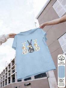 Plus Size Women's 100% Cotton Rabbit Print Blouse, Graphic Tee, Soft Fabric, Cotton Clothing, Outdoor Wear, Printed Print, Summer T-Shirt For Women, Blouse, Summer Top, Vacation Outfit, Travel Style, Beach Vibe, Minimalist Resort Wear - 淺藍色 - 查看 5
