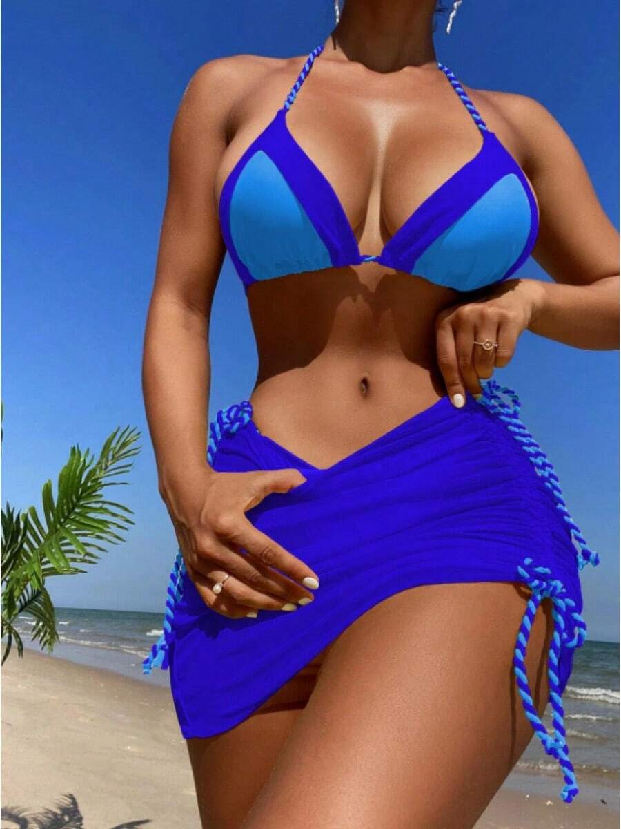 Nuevo traje de baño sexy de tres piezas con bikini de color contrastante para mujer. - azul real - Ver 1