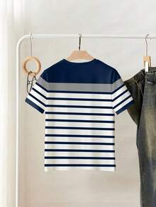 Camiseta de mujer de manga corta con cuello redondo, estampado de rayas y lazo, de estilo casual para verano - Azul - Ver 2