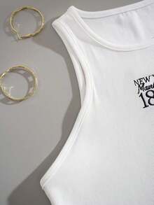 Top de punto acanalado con bordado de letras, camiseta gráfica para mujer - Blanco - Ver 5