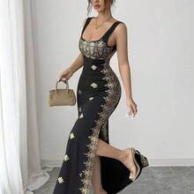 Raffinéa Women's Shiny Gold & Black Summer New Dress, Square Neck Spaghetti Strap Backless Slit Hem Fitted High Waist Dress, Suitable For Party, Wedding, Business Banquet, Daily Occasions, Gala, Wedding Party, Holiday Attire - Burdeos - Ver 8