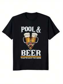 Camiseta de hombre "Por eso estoy aquí" con estampado de billar y cerveza - Camiseta casual de algodón adecuada para fiestas en la piscina, bares y uso casual - Camiseta cómoda lavable a máquina con estampado de mesa de billar. - Negro - Ver 6