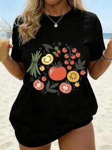 Camiseta Casual con Estampado de Jardín de Vegetales Frescos, Atuendo de Playa de Verano para Mujer, Top Casual con Patrón de Frutas y Vegetales, Camiseta Gráfica de Estilo Moderno - Negro - Ver 1