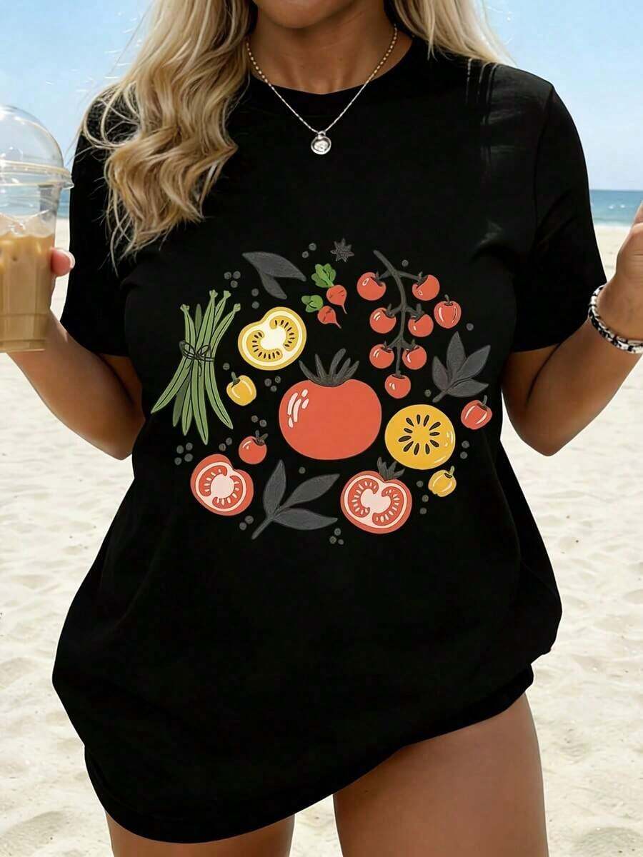 Camiseta Casual con Estampado de Jardín de Vegetales Frescos, Atuendo de Playa de Verano para Mujer, Top Casual con Patrón de Frutas y Vegetales, Camiseta Gráfica de Estilo Moderno - Negro - Ver 1