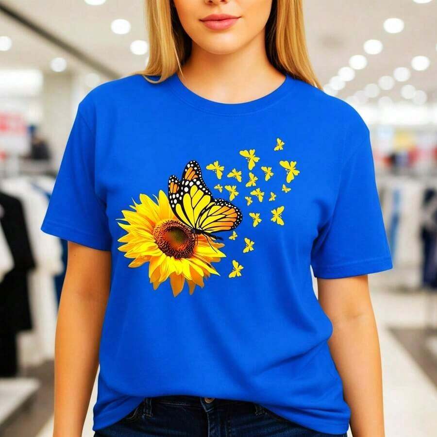 Women's Cotton T-Shirt With Sunflower And Butterfly Print, Round Neck, Short Sleeve, Casual Style, Loose Fit, Basic T-Shirt, Summer Graphic T-Shirt, Soft And Comfortable Casual Wear, Nature-Inspired Design, Suitable For Spring, Summer And Autumn. - 藍色 - 查看 1