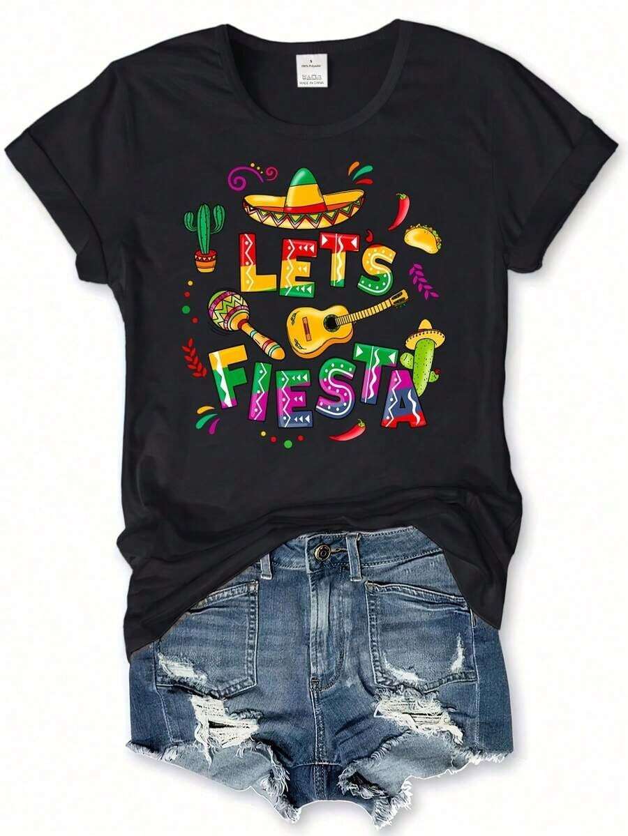 Cinco De Mayo Print Graphic T-Shirt, Cute Cartoon Short Sleeve Crew Neck Shirt, Casual Every Day Tops, Women's Clothing playeras de mujer,playeras de hombre,playeras de mujer curvy - Negro - Ver 1