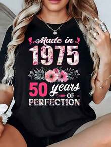 Floral Text With The Year 1975 Surrounded By Pink Flowers And Decorative Motifs Celebrating Half A Century Of Perfection. Women's T-Shirt, 100% Cotton, 220g - 黑色 - 查看 1