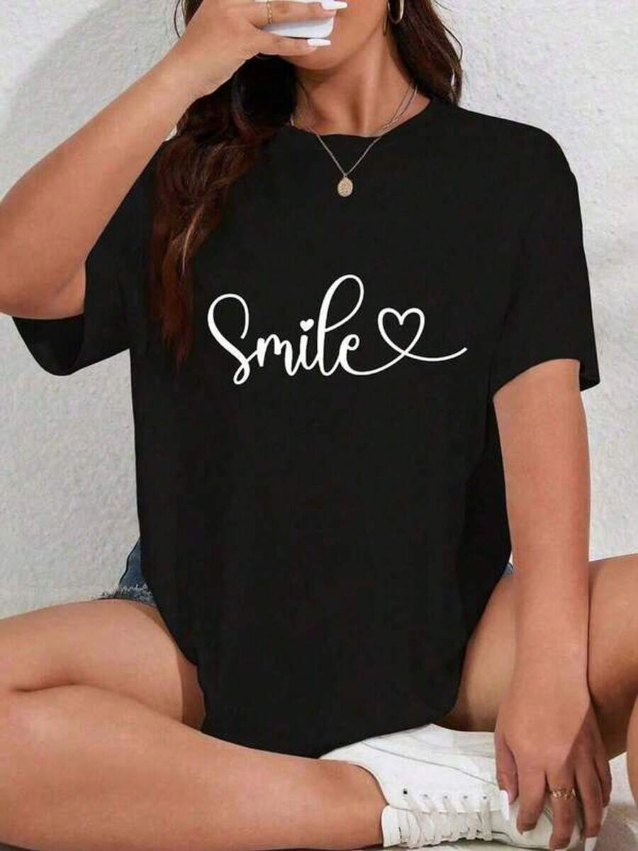 Camiseta de manga corta con cuello redondo para mujer,Estampado de limones para llevar a diario en verano tallas grandes - Negro - Ver 1