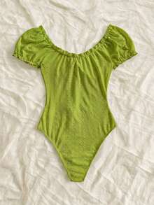 Body con estampado floral de hombros descubiertos ribete fruncido con nudo delantero pecho con fruncido - Verde - Ver 2