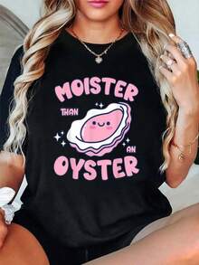 Comfortable, 100% Cotton, Wetter Than An Oyster, With A Fun Seafood Design, Casual Short-Sleeve Crew Neck T-Shirt For Summer And Spring, Graphic Tee For Women And Men. Loose And Versatile Short-Sleeve T-Shirt For Women. - 黑色 - 查看 6