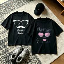 2-Piece Couple Matching Pattern T-Shirt, 100% Cotton, Loose Fit, Soft And Breathable, Casual Round Neck Short Sleeved Top Hold On Deep Think Poodle Bear Versatile Patterns No Picky Combinations Coordinated Dating Casual Travel Simple And Cartoonish Printing Styles High Cost-Effectiveness Couple - 黑色 - 查看 1