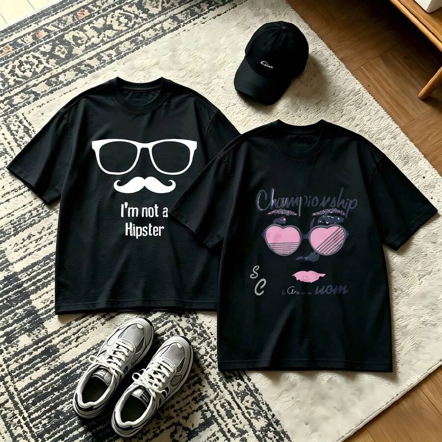 2-Piece Couple Matching Pattern T-Shirt, 100% Cotton, Loose Fit, Soft And Breathable, Casual Round Neck Short Sleeved Top Hold On Deep Think Poodle Bear Versatile Patterns No Picky Combinations Coordinated Dating Casual Travel Simple And Cartoonish Printing Styles High Cost-Effectiveness Couple - 黑色 - 查看 1