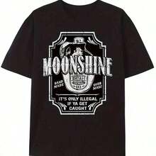 1 t-shirt pour homme 100% coton avec imprimé rétro - Motif "Moonlight & Whiskey", respirant, à manches courtes, col rond décontracté, noir avec logo vintage blanc, idéal pour le streetwear printemps-été, lavable en machine, t-shirt imprimé à manches courtes pour homme, col rond, décontracté, pour usage quotidien et voyage, 100% coton. - Noir 8 - Voir 1