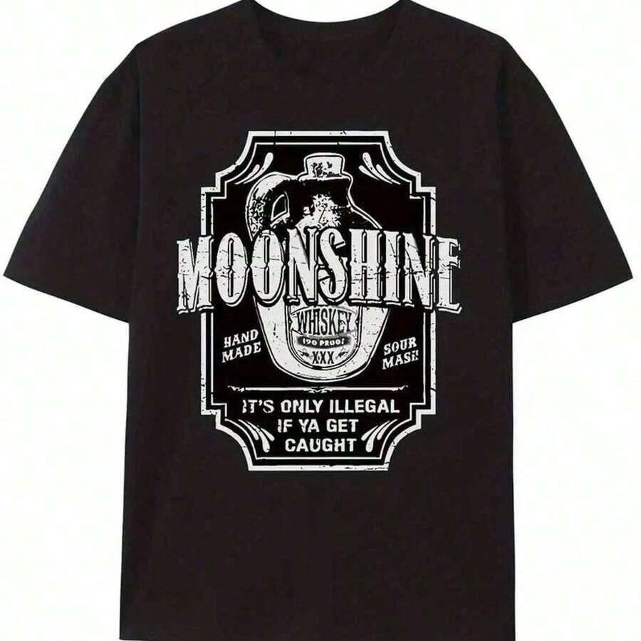 1 t-shirt pour homme 100% coton avec imprimé rétro - Motif "Moonlight & Whiskey", respirant, à manches courtes, col rond décontracté, noir avec logo vintage blanc, idéal pour le streetwear printemps-été, lavable en machine, t-shirt imprimé à manches courtes pour homme, col rond, décontracté, pour usage quotidien et voyage, 100% coton. - Noir 8 - Voir 1