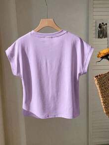 Set de 3 camisetas casuales de mujer de cuello redondo y unicolor, versátiles para uso diario - Lila Púrpura - Ver 2