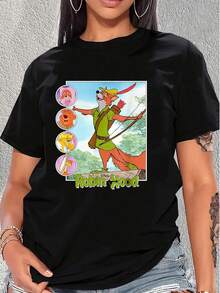 Gráfico que muestra un zorro valiente con arco y flechas simbolizando justicia libertad y amistad con personajes alegres y fondo de bosque verde camiseta de mujer  cómoda casual ideal para uso diario - Negro - Ver 1