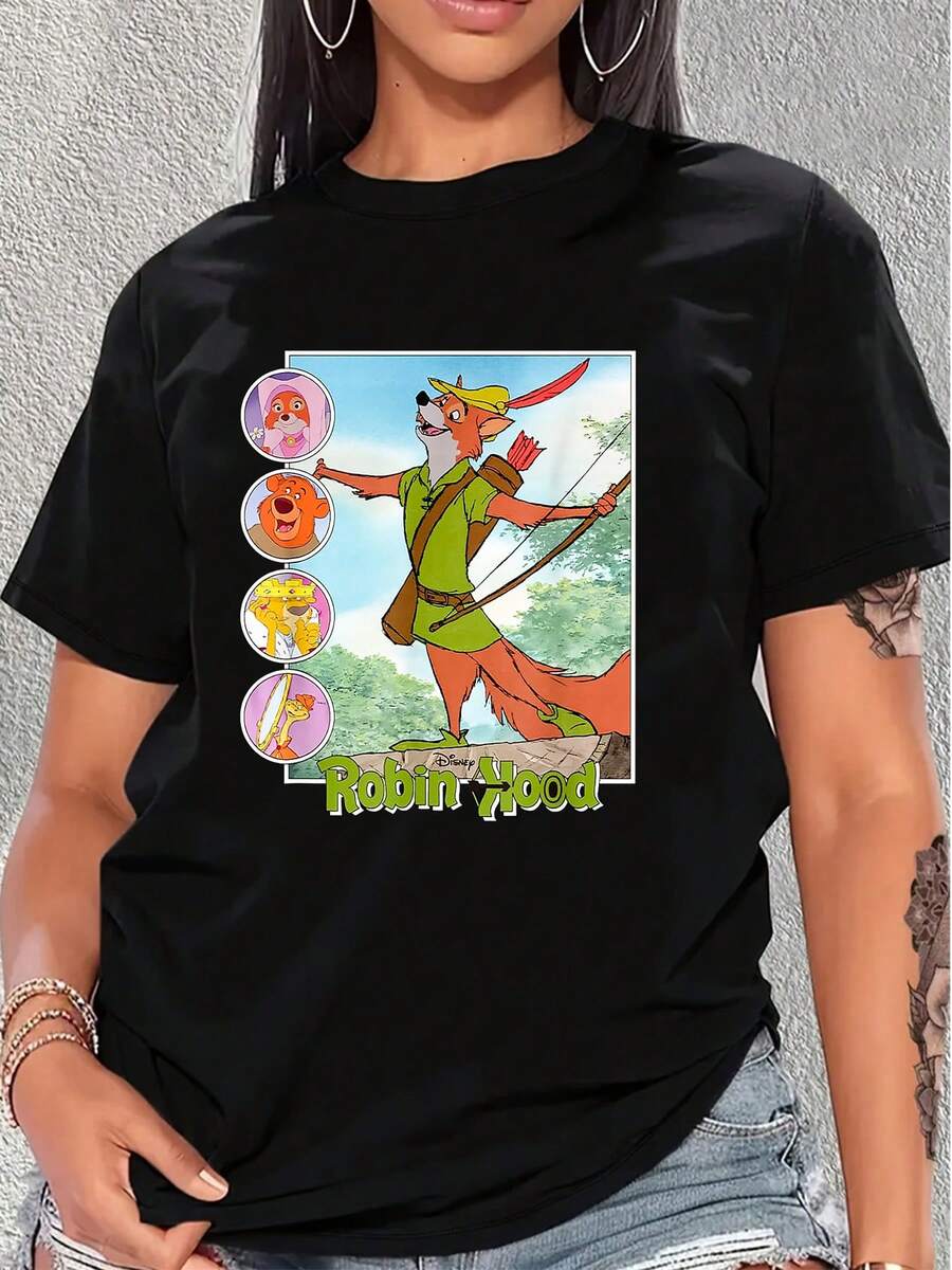 Gráfico que muestra un zorro valiente con arco y flechas simbolizando justicia libertad y amistad con personajes alegres y fondo de bosque verde camiseta de mujer cómoda casual ideal para uso diario - Negro - Ver 1