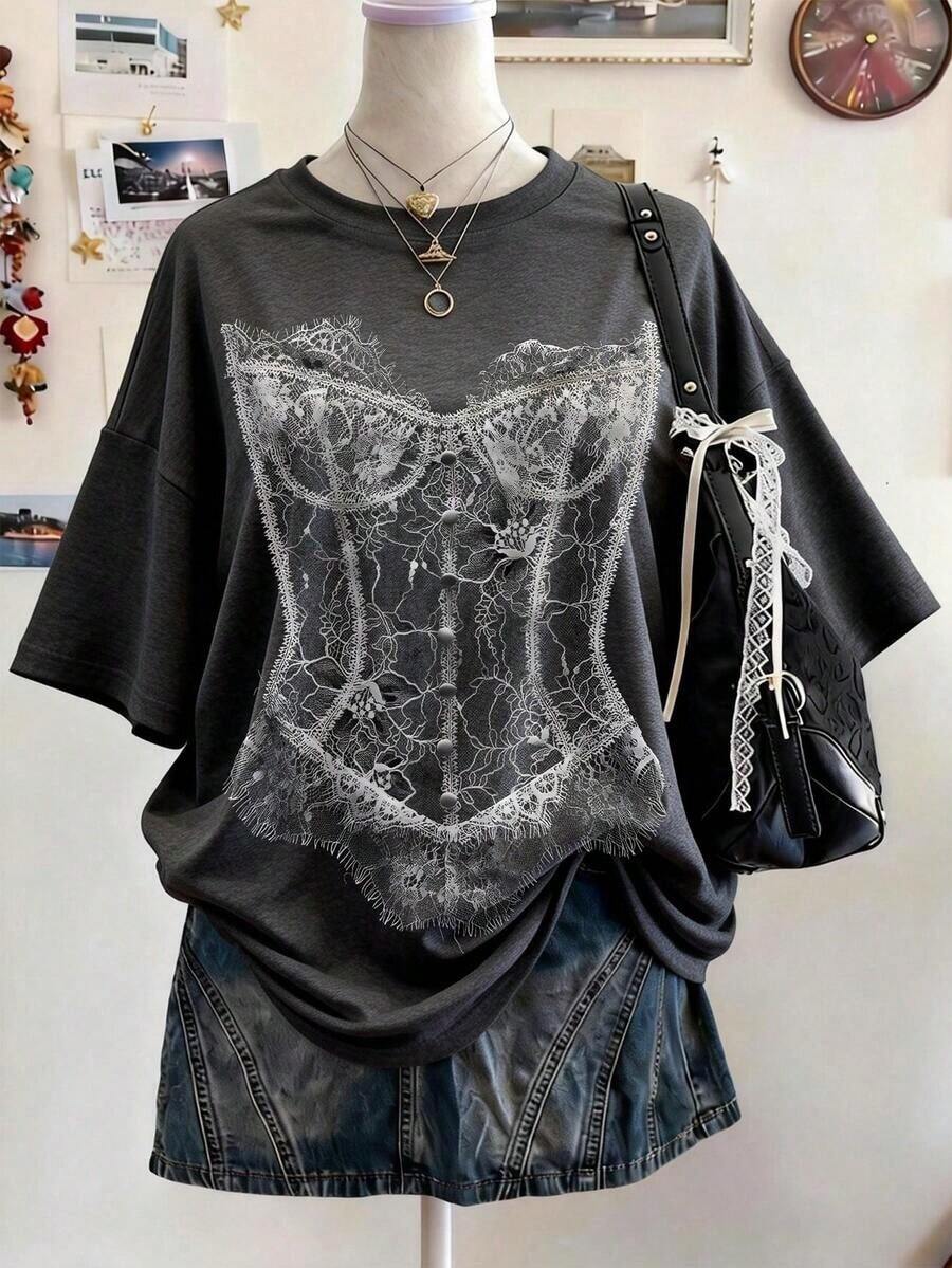 Camiseta de mujer de cuello redondo, hombros caídos y largo medio con estampado digital de encaje, regalo para amigos - Multicolor - Ver 1