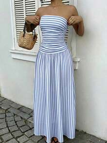 High-Waisted Polka Dot Print Dress, Vacation Style - Wander Blue - View 6