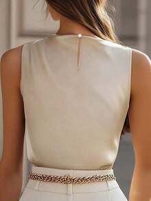 Blusa formal ajustada sin mangas con volantes en los hombros expuestos, color champán, adecuada para ir a la oficina, primavera y otoño-verano - Champán 2 - Ver 4