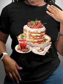 Talla grande - Camiseta casual de manga corta y cuello redondo para mujer, en color negro, con diseños de pasteles en capas y té fuerte, adecuada para todas las estaciones y perfecta para uso casual. playeras de mujer algodon  blusa negras para dama - Negro - Ver 1